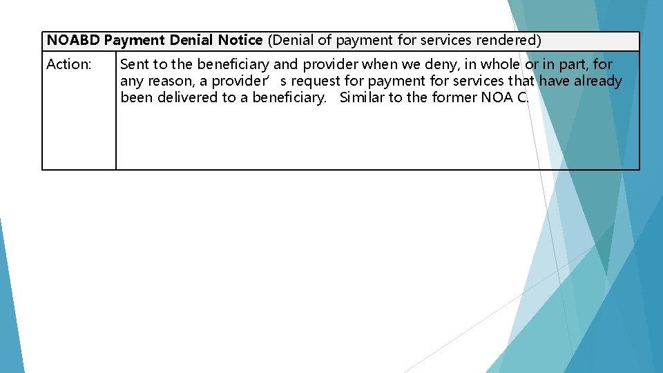 NOABD Payment Denial Notice (Denial of payment for services rendered) Action: Sent to the