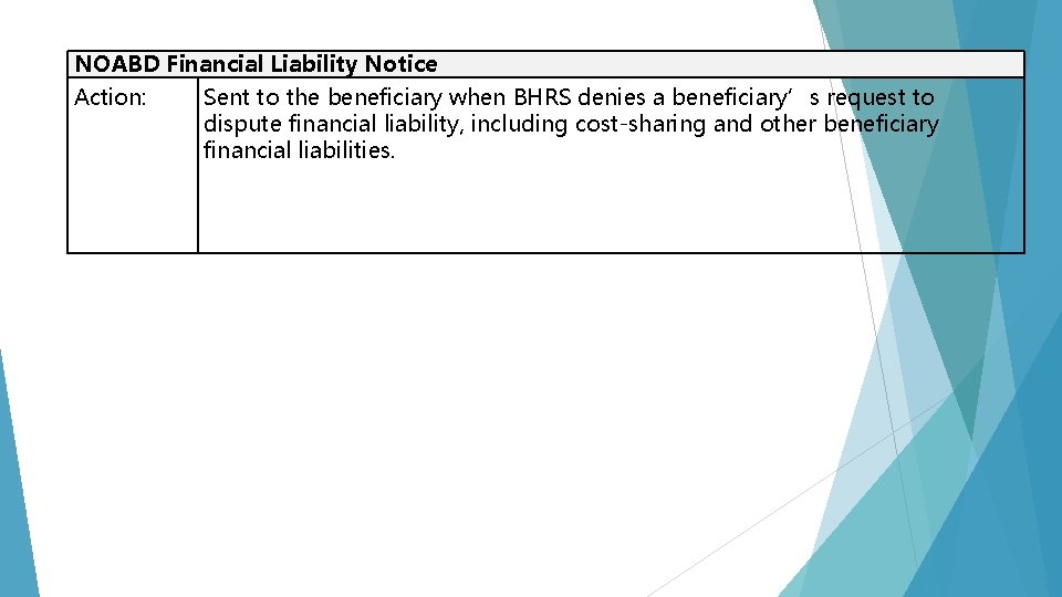 NOABD Financial Liability Notice Action: Sent to the beneficiary when BHRS denies a beneficiary’s