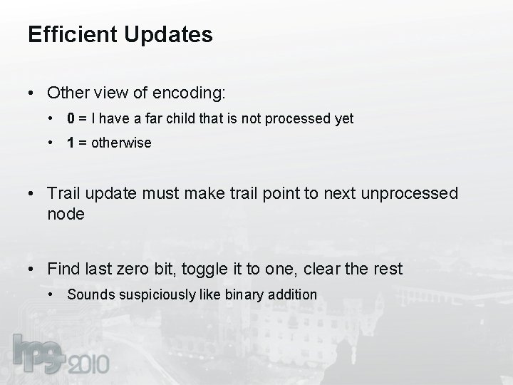 Efficient Updates • Other view of encoding: • 0 = I have a far