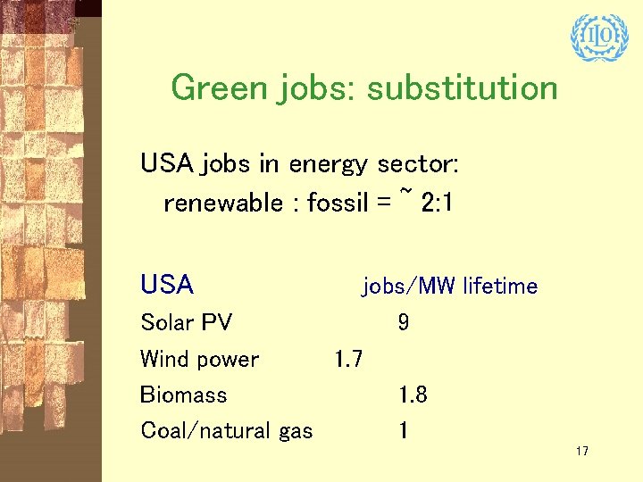 Green jobs: substitution USA jobs in energy sector: renewable : fossil = ~ 2: