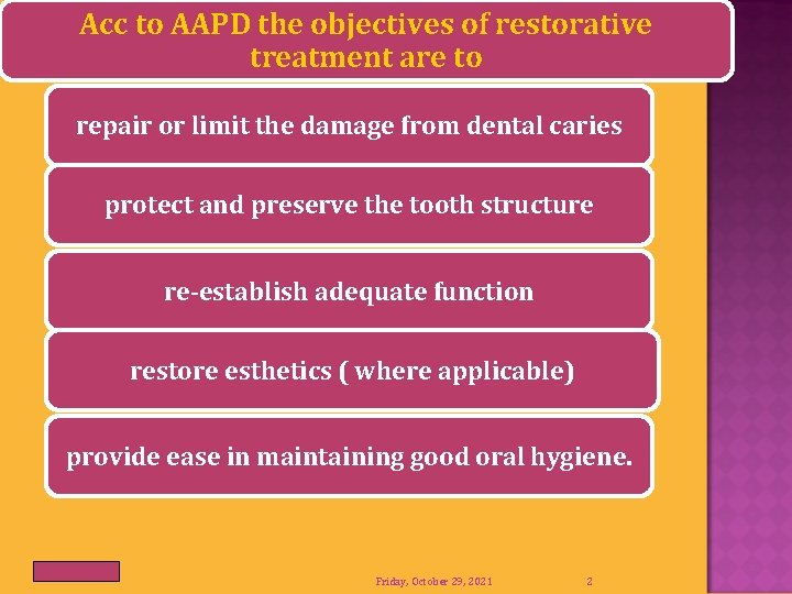 Acc to AAPD the objectives of restorative treatment are to repair or limit the