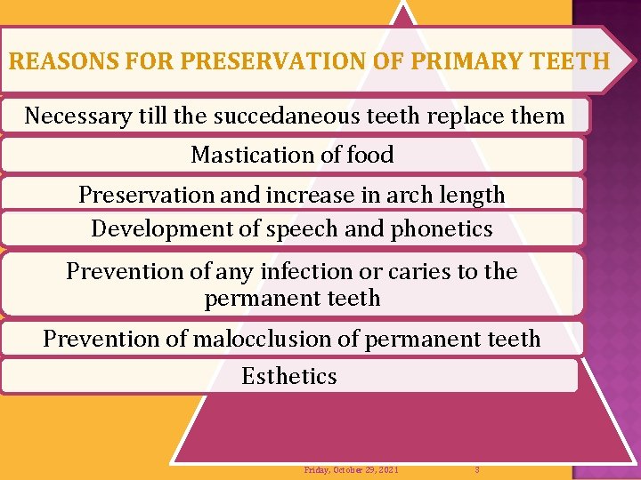 REASONS FOR PRESERVATION OF PRIMARY TEETH Necessary till the succedaneous teeth replace them Mastication