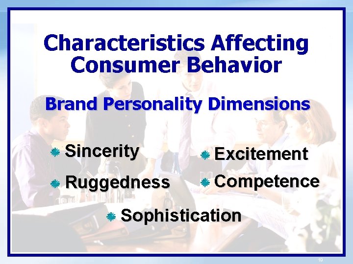 Characteristics Affecting Consumer Behavior Brand Personality Dimensions Sincerity Excitement Ruggedness Competence Sophistication 19 