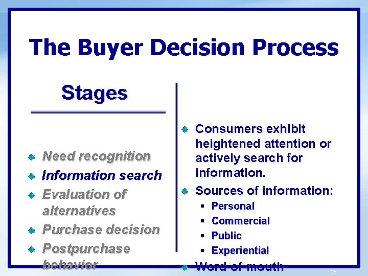 The Buyer Decision Process Stages Need recognition Information search Evaluation of alternatives Purchase decision