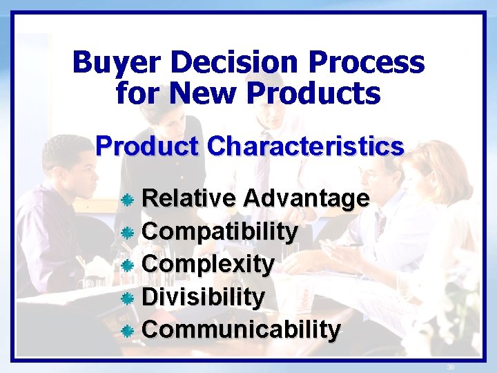 Buyer Decision Process for New Products Product Characteristics Relative Advantage Compatibility Complexity Divisibility Communicability