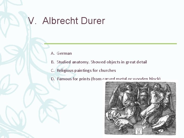 V. Albrecht Durer A. German B. Studied anatomy. Showed objects in great detail C.