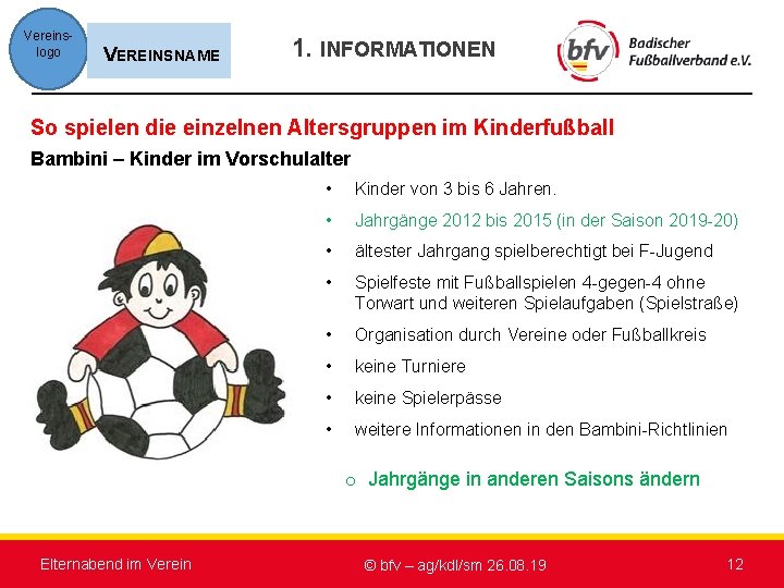 Vereinslogo VEREINSNAME 1. INFORMATIONEN So spielen die einzelnen Altersgruppen im Kinderfußball Bambini – Kinder