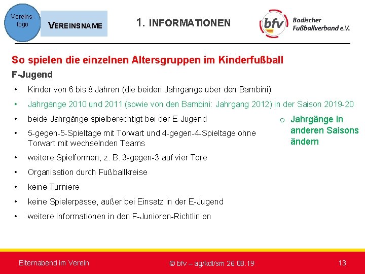 Vereinslogo VEREINSNAME 1. INFORMATIONEN So spielen die einzelnen Altersgruppen im Kinderfußball F-Jugend • Kinder