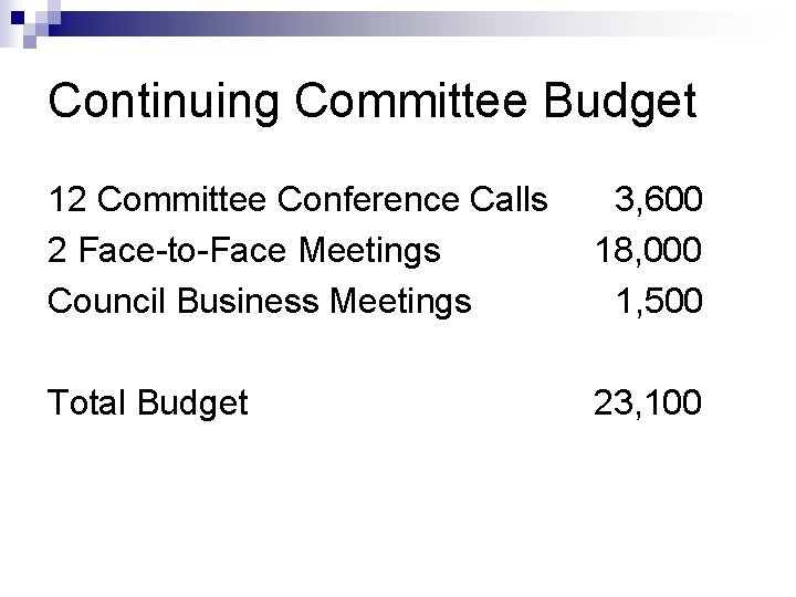 Continuing Committee Budget 12 Committee Conference Calls 2 Face-to-Face Meetings Council Business Meetings 3, Continuing Committee Budget 12 Committee Conference Calls 2 Face-to-Face Meetings Council Business Meetings 3,
