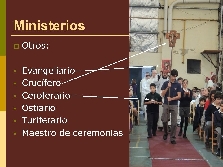 Ministerios p Otros: § Evangeliario Crucífero Ceroferario Ostiario Turiferario Maestro de ceremonias § §