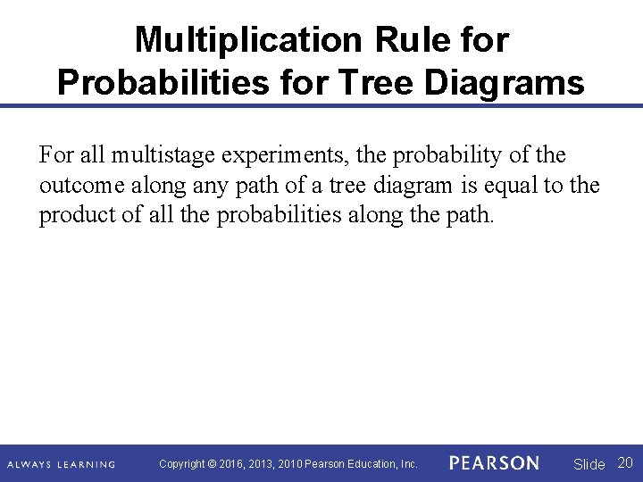 Multiplication Rule for Probabilities for Tree Diagrams For all multistage experiments, the probability of Multiplication Rule for Probabilities for Tree Diagrams For all multistage experiments, the probability of