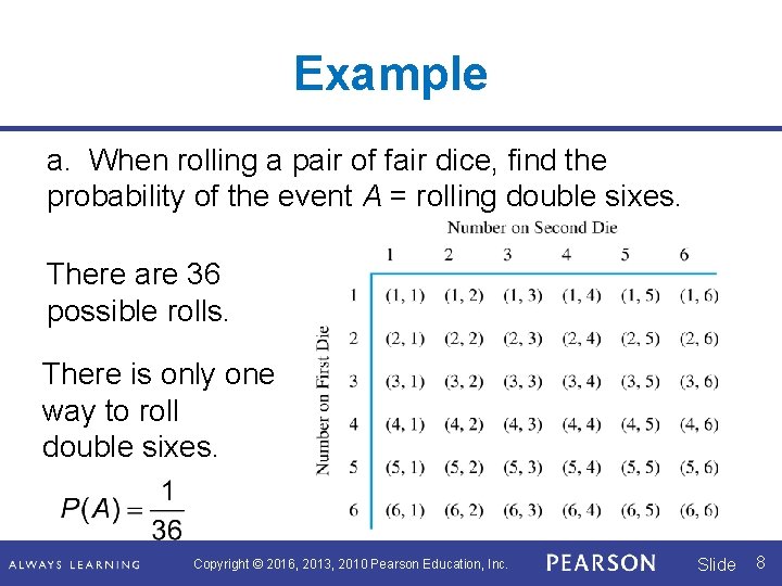 Example a. When rolling a pair of fair dice, find the probability of the Example a. When rolling a pair of fair dice, find the probability of the