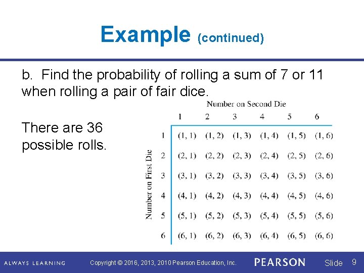 Example (continued) b. Find the probability of rolling a sum of 7 or 11 Example (continued) b. Find the probability of rolling a sum of 7 or 11