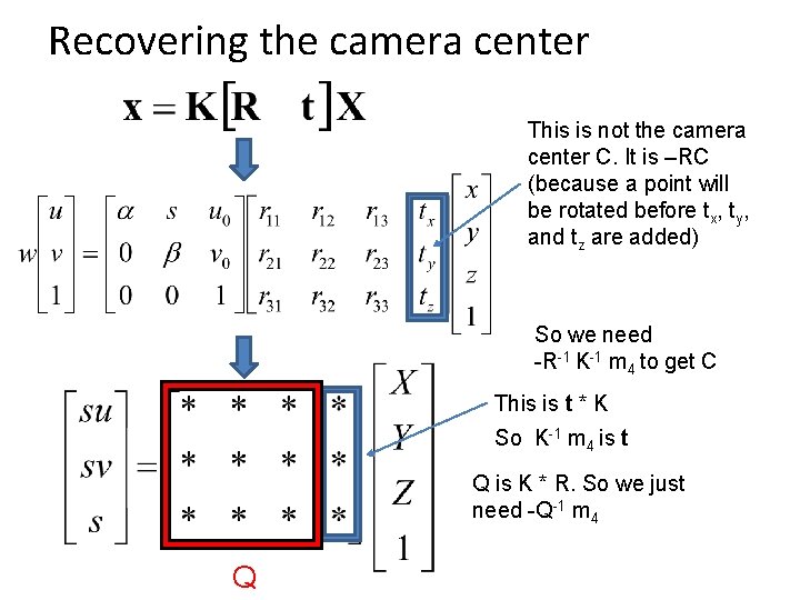 Recovering the camera center This is not the camera center C. It is –RC