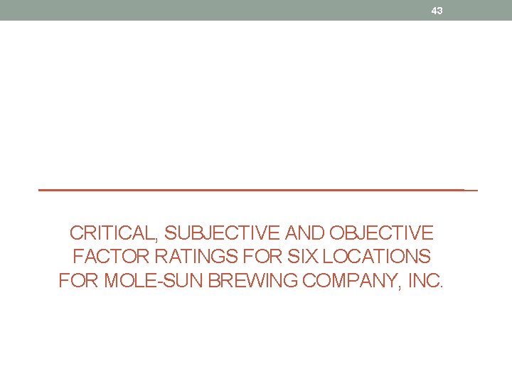 43 CRITICAL, SUBJECTIVE AND OBJECTIVE FACTOR RATINGS FOR SIX LOCATIONS FOR MOLE-SUN BREWING COMPANY,
