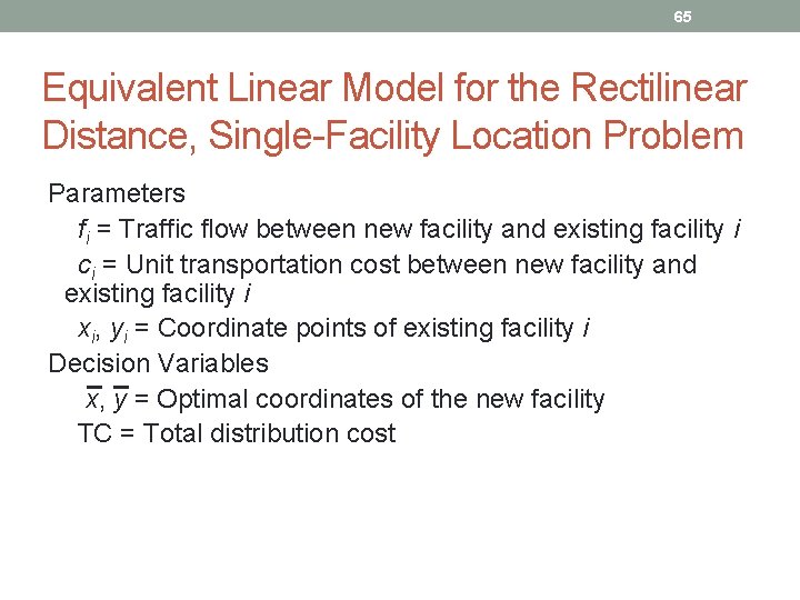 65 Equivalent Linear Model for the Rectilinear Distance, Single-Facility Location Problem Parameters fi =