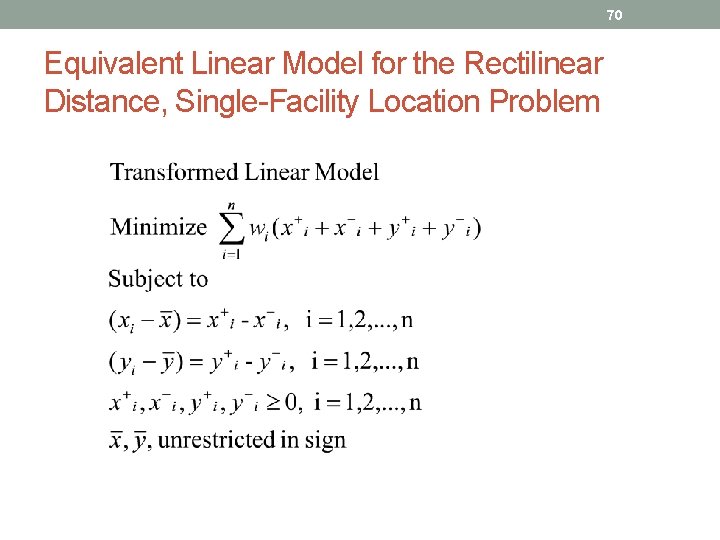 70 Equivalent Linear Model for the Rectilinear Distance, Single-Facility Location Problem 