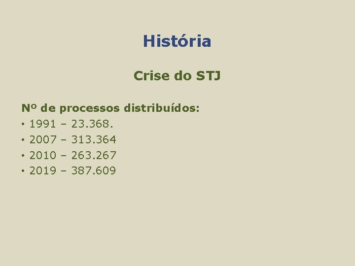 História Crise do STJ Nº de processos distribuídos: • 1991 – 23. 368. •