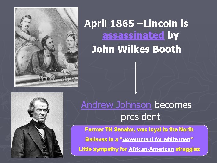 April 1865 –Lincoln is assassinated by John Wilkes Booth Andrew Johnson becomes president Former April 1865 –Lincoln is assassinated by John Wilkes Booth Andrew Johnson becomes president Former