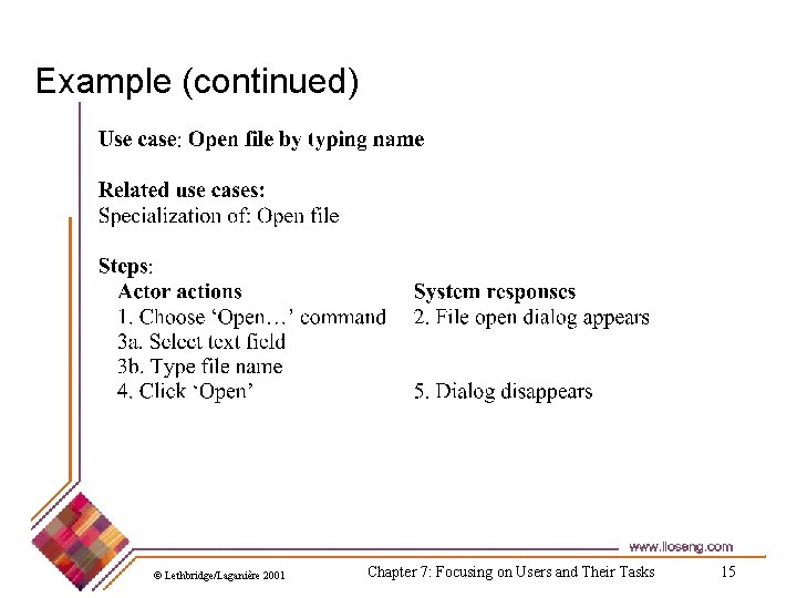 Example (continued) © Lethbridge/Laganière 2001 Chapter 7: Focusing on Users and Their Tasks 15 Example (continued) © Lethbridge/Laganière 2001 Chapter 7: Focusing on Users and Their Tasks 15