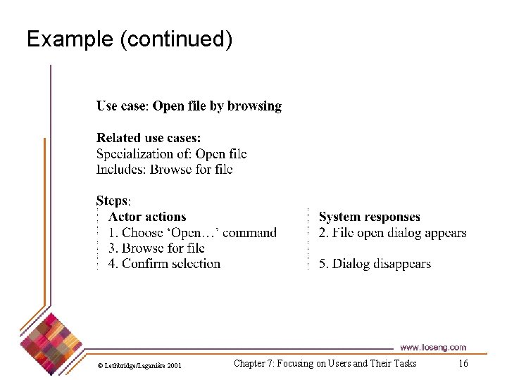 Example (continued) © Lethbridge/Laganière 2001 Chapter 7: Focusing on Users and Their Tasks 16 Example (continued) © Lethbridge/Laganière 2001 Chapter 7: Focusing on Users and Their Tasks 16