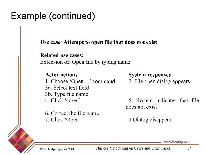 Example (continued) © Lethbridge/Laganière 2001 Chapter 7: Focusing on Users and Their Tasks 17 Example (continued) © Lethbridge/Laganière 2001 Chapter 7: Focusing on Users and Their Tasks 17