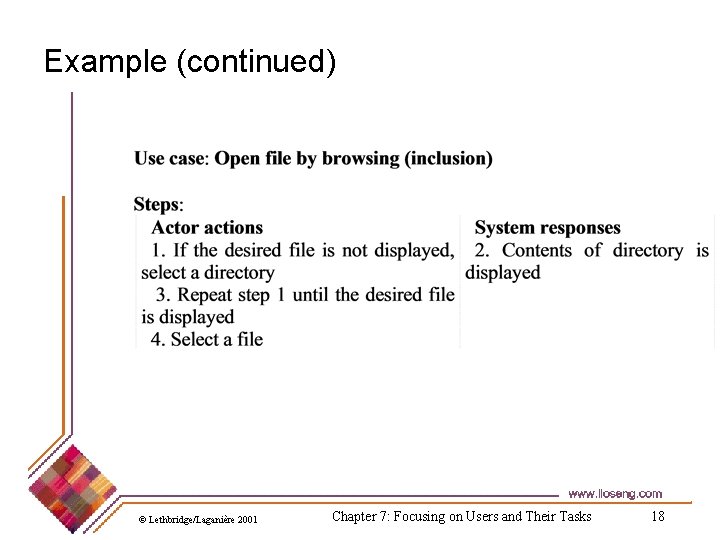 Example (continued) © Lethbridge/Laganière 2001 Chapter 7: Focusing on Users and Their Tasks 18 Example (continued) © Lethbridge/Laganière 2001 Chapter 7: Focusing on Users and Their Tasks 18