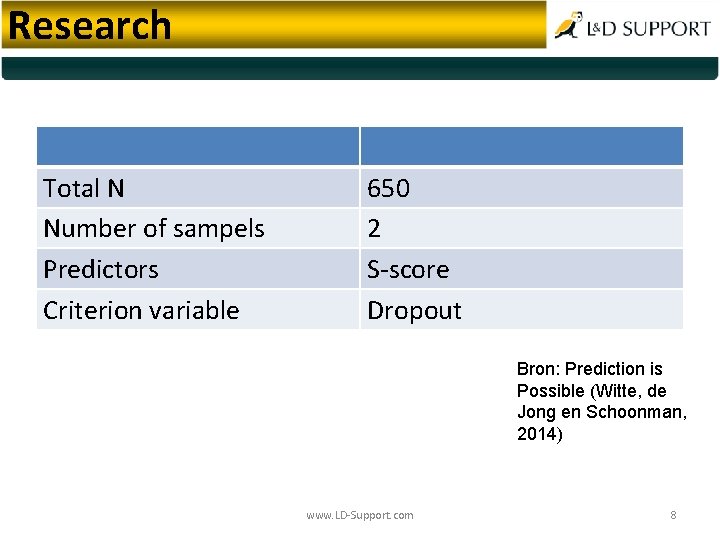 Research Total N Number of sampels Predictors Criterion variable 650 2 S-score Dropout Bron: