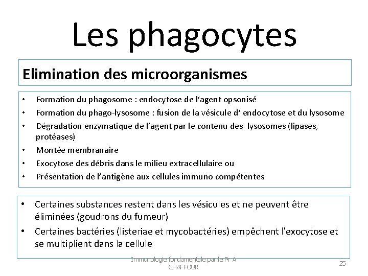 Les phagocytes Elimination des microorganismes • • • Formation du phagosome : endocytose de