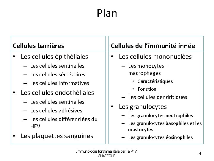 Plan Cellules barrières Cellules de l’immunité innée • Les cellules épithéliales • Les cellules