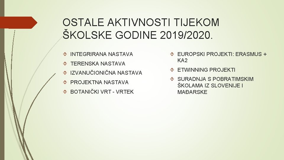 OSTALE AKTIVNOSTI TIJEKOM ŠKOLSKE GODINE 2019/2020. INTEGRIRANA NASTAVA TERENSKA NASTAVA IZVANUČIONIČNA NASTAVA PROJEKTNA NASTAVA