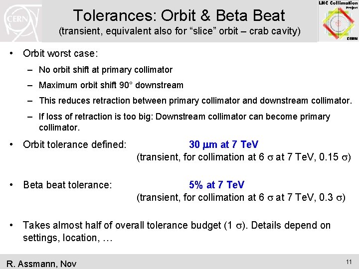 Tolerances: Orbit & Beta Beat (transient, equivalent also for “slice” orbit – crab cavity)