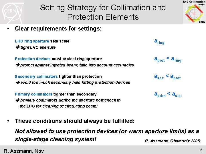 Setting Strategy for Collimation and Protection Elements • Clear requirements for settings: LHC ring