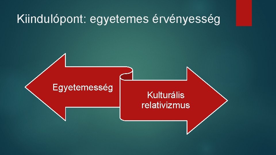 Kiindulópont: egyetemes érvényesség Egyetemesség Kulturális relativizmus Kiindulópont: egyetemes érvényesség Egyetemesség Kulturális relativizmus