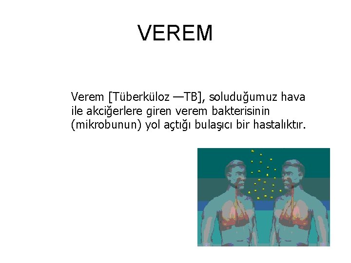 VEREM Verem [Tüberküloz —TB], soluduğumuz hava ile akciğerlere giren verem bakterisinin (mikrobunun) yol açtığı