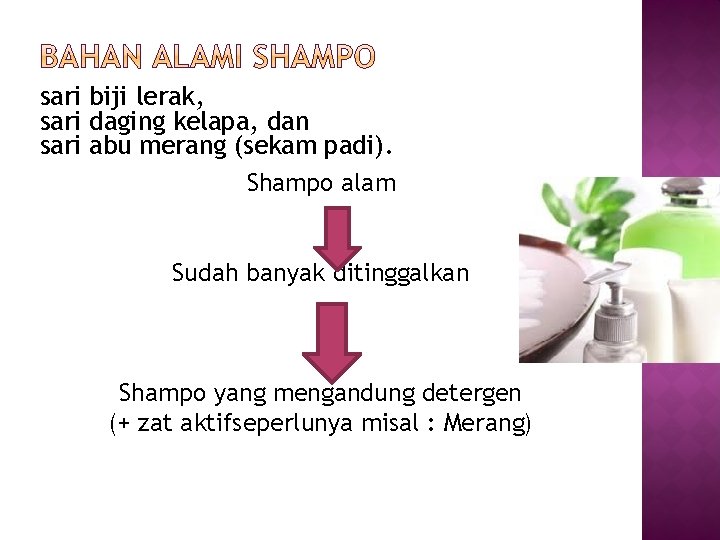 sari biji lerak, sari daging kelapa, dan sari abu merang (sekam padi). Shampo alam sari biji lerak, sari daging kelapa, dan sari abu merang (sekam padi). Shampo alam