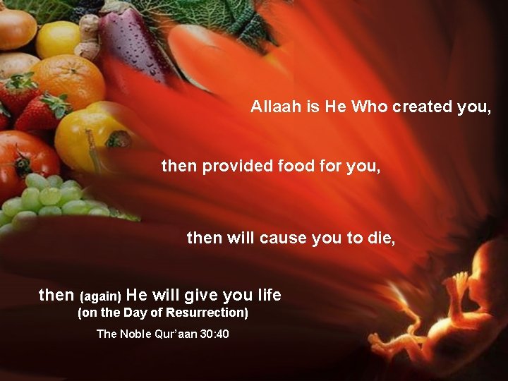 Allaah is He Who created you, then provided food for you, then will cause
