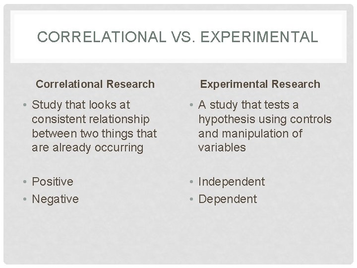 CORRELATIONAL VS. EXPERIMENTAL Correlational Research Experimental Research • Study that looks at consistent relationship