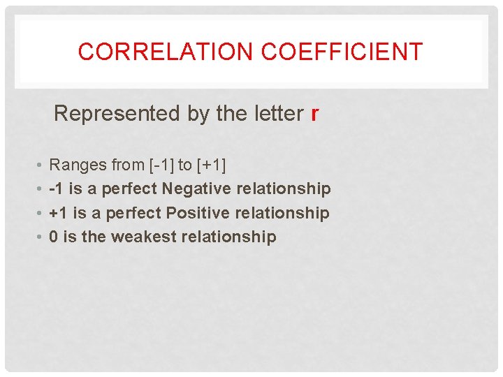 CORRELATION COEFFICIENT Represented by the letter r • • Ranges from [-1] to [+1]