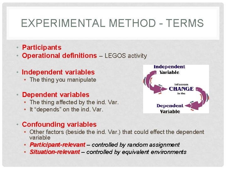EXPERIMENTAL METHOD - TERMS • Participants • Operational definitions – LEGOS activity • Independent