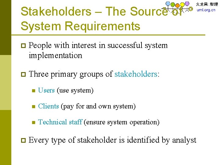 Stakeholders – The Source of System Requirements p People with interest in successful system
