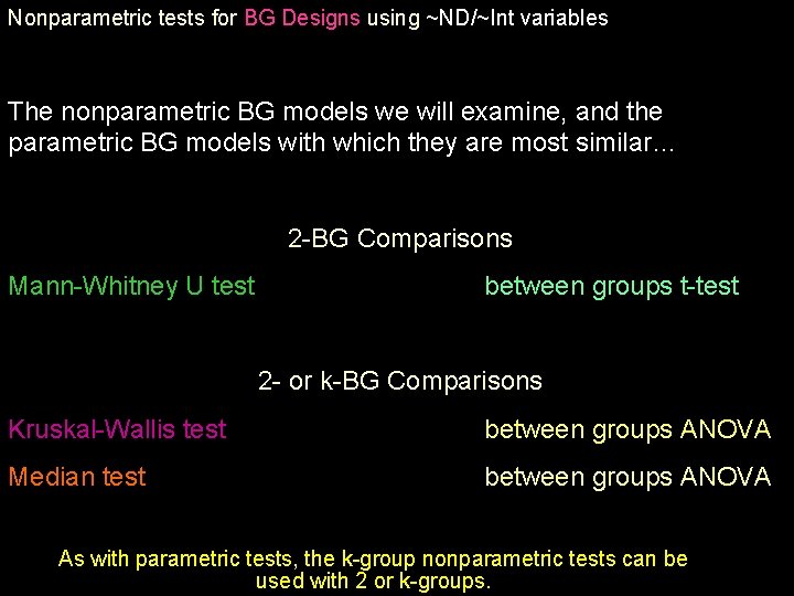 Nonparametric tests for BG Designs using ~ND/~Int variables The nonparametric BG models we will