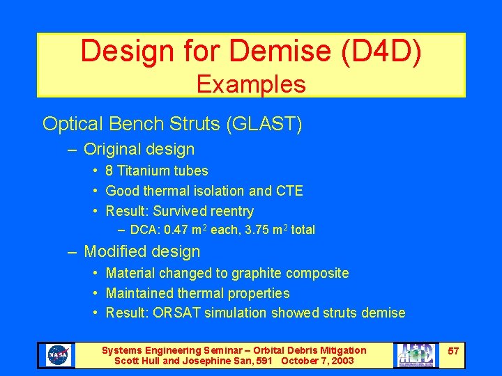 Design for Demise (D 4 D) Examples Optical Bench Struts (GLAST) – Original design