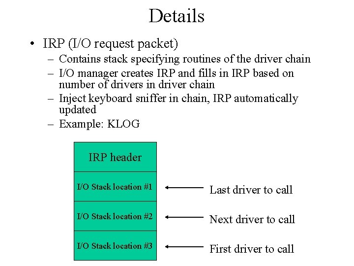 Details • IRP (I/O request packet) – Contains stack specifying routines of the driver