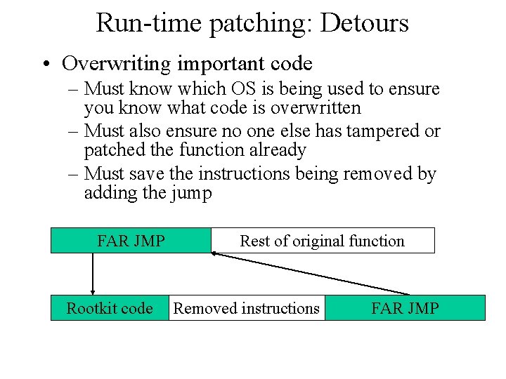 Run-time patching: Detours • Overwriting important code – Must know which OS is being