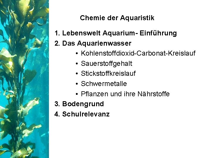 Chemie der Aquaristik 1. Lebenswelt Aquarium- Einführung 2. Das Aquarienwasser • Kohlenstoffdioxid-Carbonat-Kreislauf • Sauerstoffgehalt