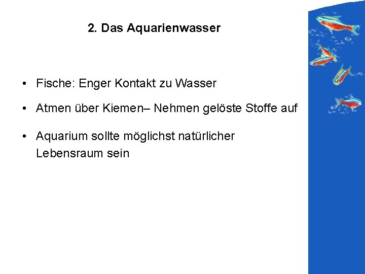 2. Das Aquarienwasser • Fische: Enger Kontakt zu Wasser • Atmen über Kiemen– Nehmen