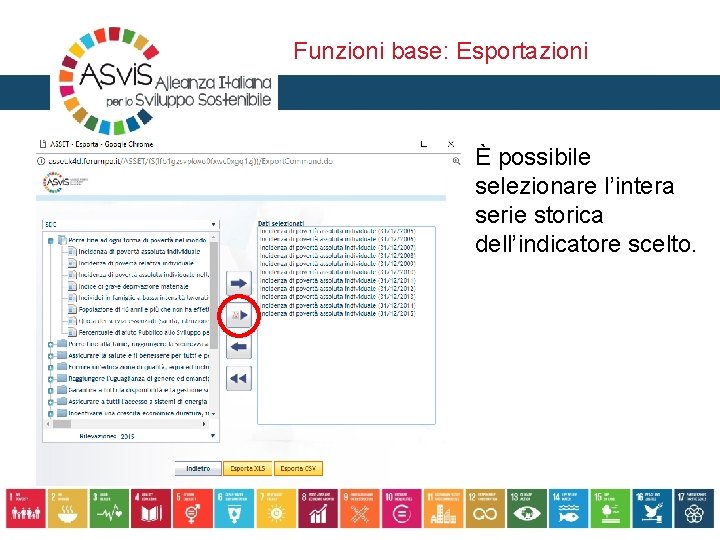 Funzioni base: Esportazioni È possibile selezionare l’intera serie storica dell’indicatore scelto. 