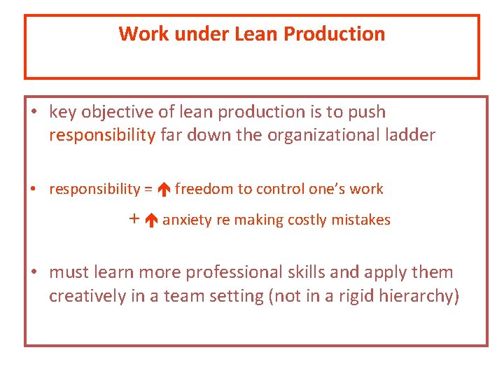 Work under Lean Production • key objective of lean production is to push responsibility