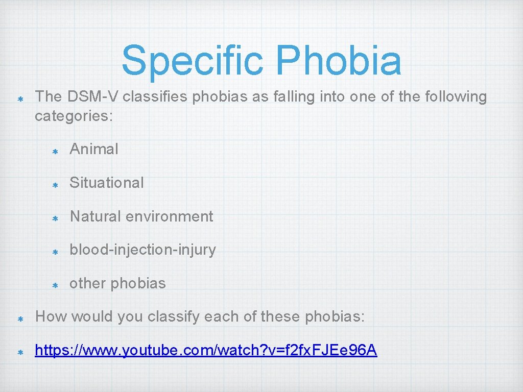 Specific Phobia The DSM-V classifies phobias as falling into one of the following categories: